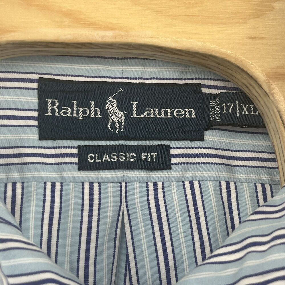 Polo Ralph Lauren Mens Large Classic Fit Blue White Stripe Pony Logo - Picture 3 of 4
